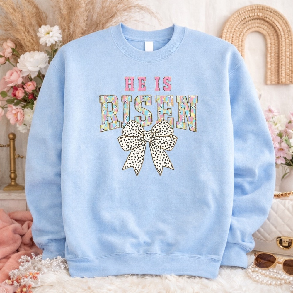 He Is Risen Light Blue Graphic Sweatshirt